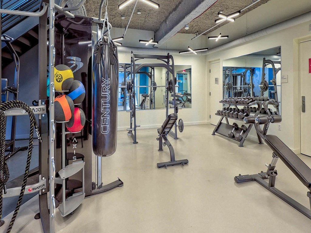 a gym with weights and cardio equipment in a building